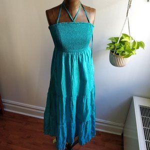 ANTHROPOLOGIE MAEVE | XS, teal / aqua silk, long halter dress